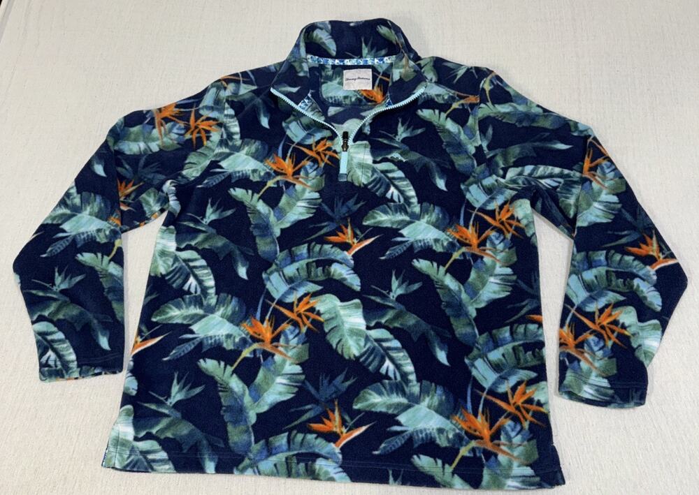 Tommy Bahama Fleece Pullover Mens Medium Blue Tropical Bird of Paradise 1/4 Zip